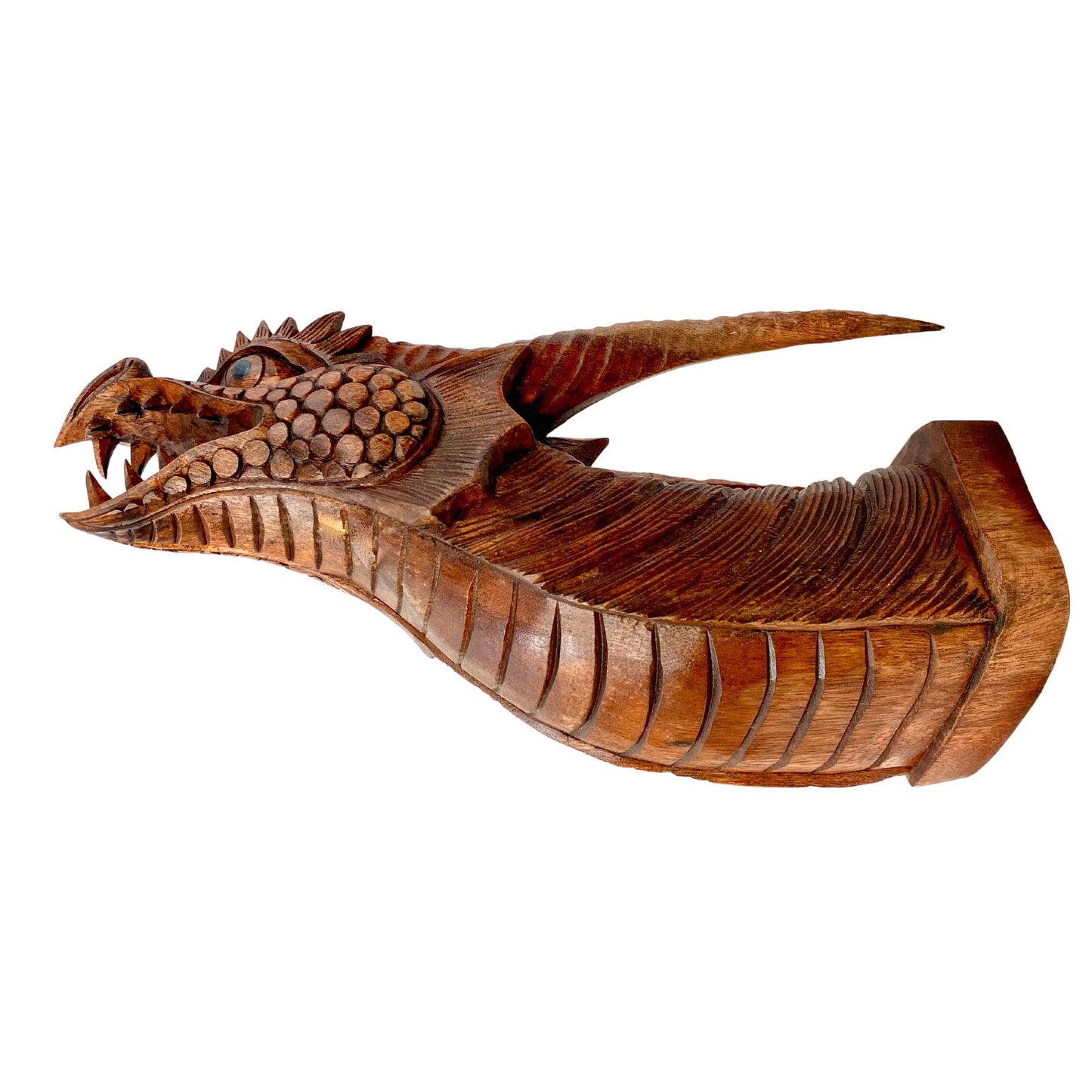 Hand Carved Gothic Horned Dragon Head Wall Mount: Balinese Wood Wall Art Sculpture