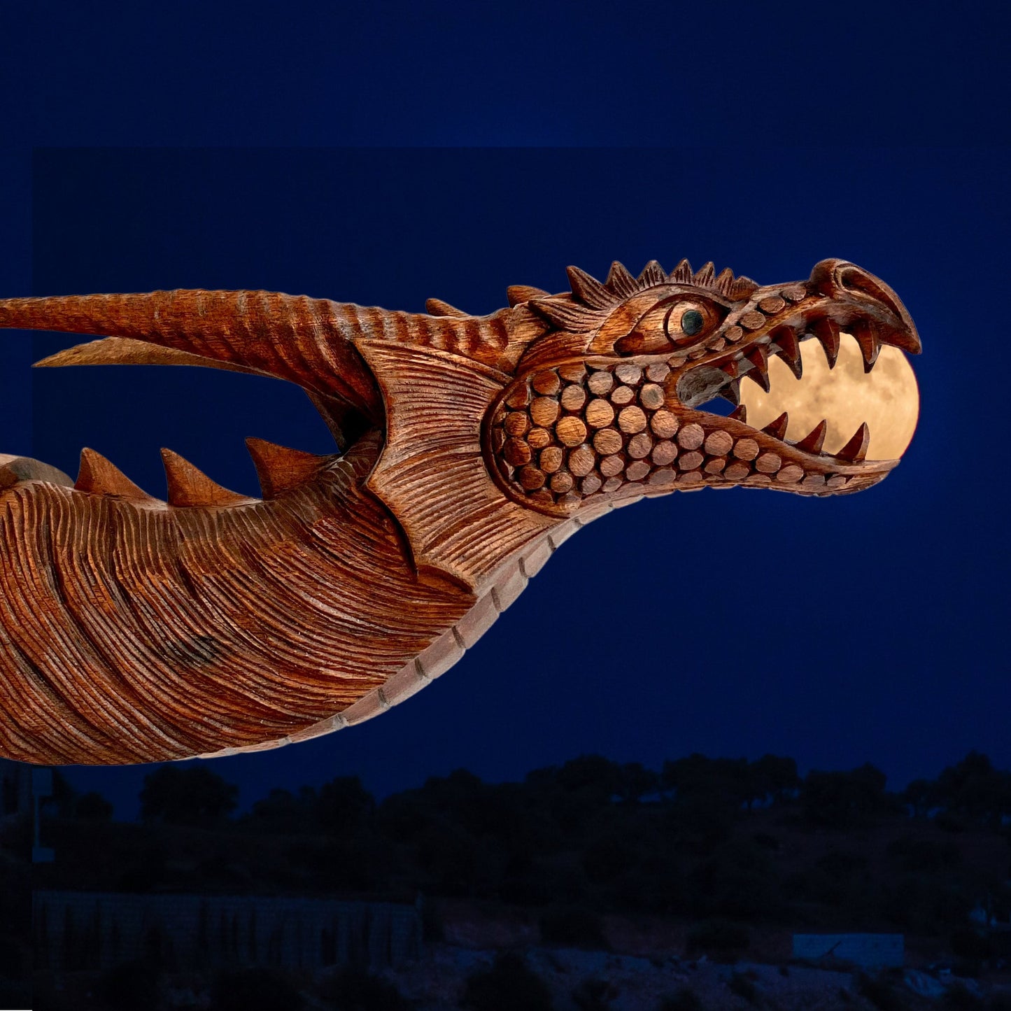 Hand Carved Gothic Horned Dragon Head Wall Mount: Balinese Wood Wall Art Sculpture