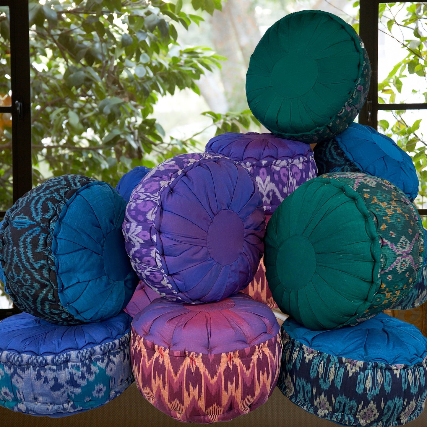 Handwoven Ikat Zafu Meditation Pillow:  Kapok filled floor cushion, Blue