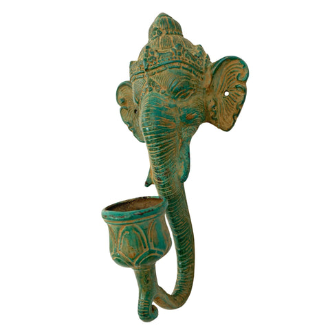 Ganesha Elephant Verdigris Bronze Wall Sconce Candle stick Holder Remover of Obstacles lost wax cast Sculpture Home decor Balinese Hindu art