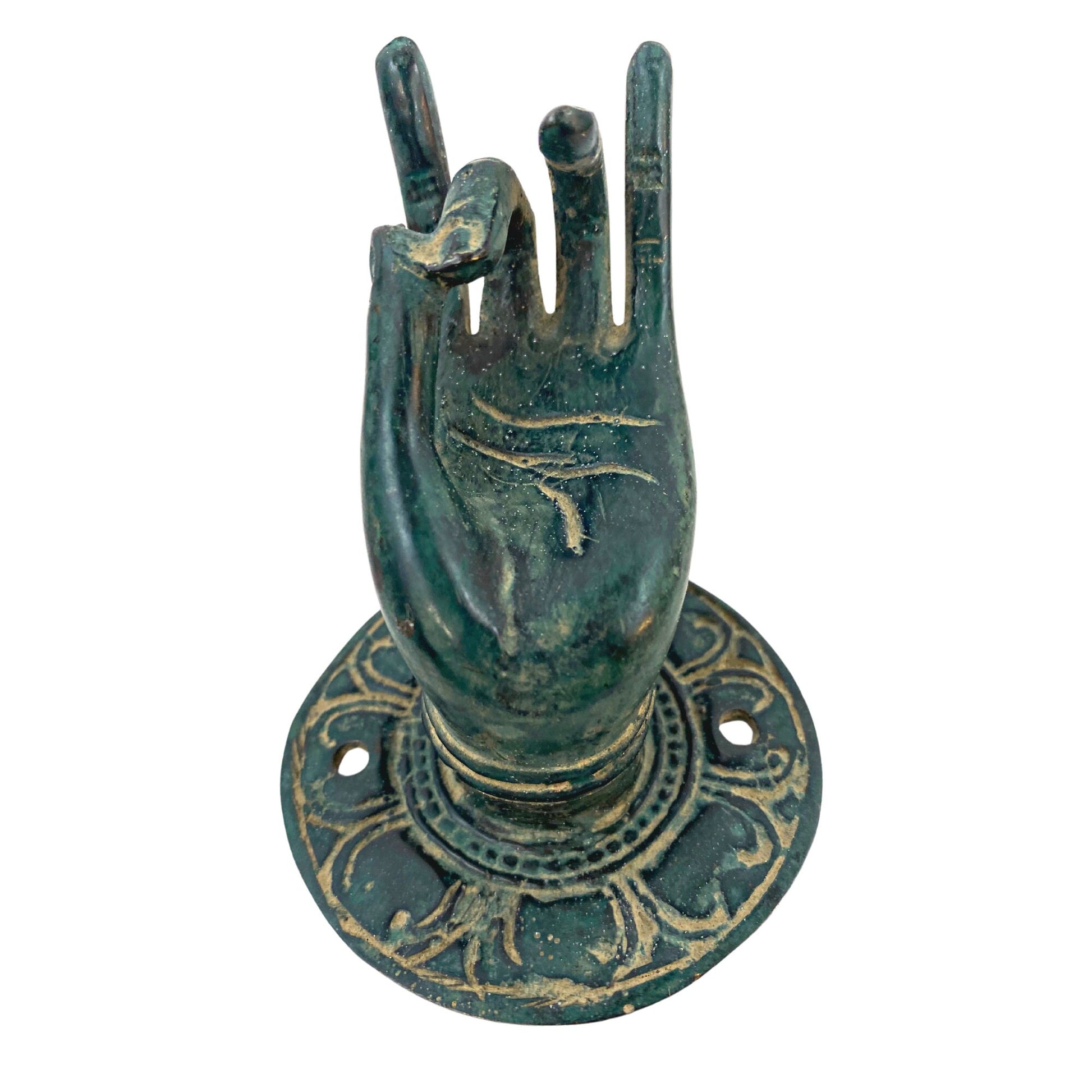 Buddha Blessing Mudra Hands Door Handle Knob Cabinet Pull wall hook Lost wax cast Verdigris Solid Bronze Bali Art Set 2 - Acadia World Traders