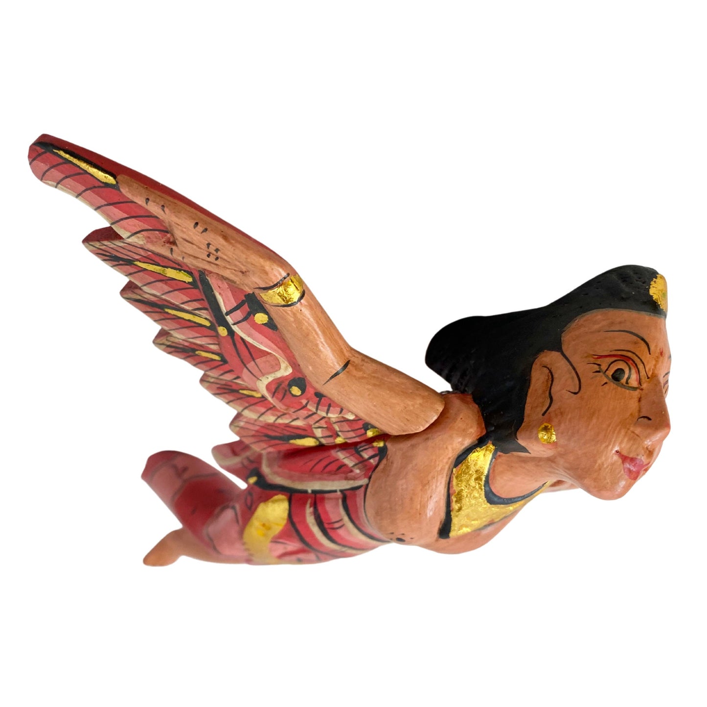 Flying Winged Dewi Sri Goddess Mobile Spiritchaser Crib Angel Balinese Folk art Carved Wood Bali art red 8&quot;
