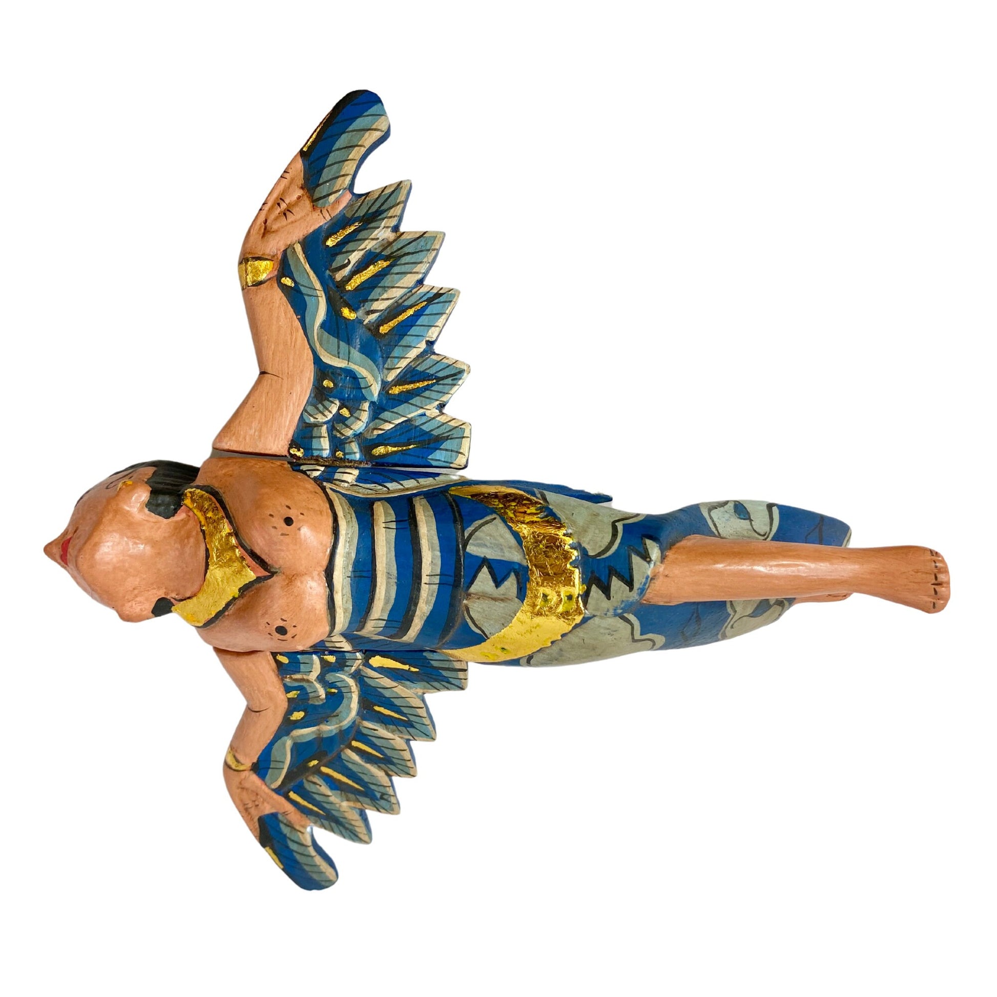 Flying Winged Dewi Sri Goddess Mobile Spirit chaser Crib Angel Balinese Folk Art Carved Wood Bali art teal 8&quot; - Acadia World Traders