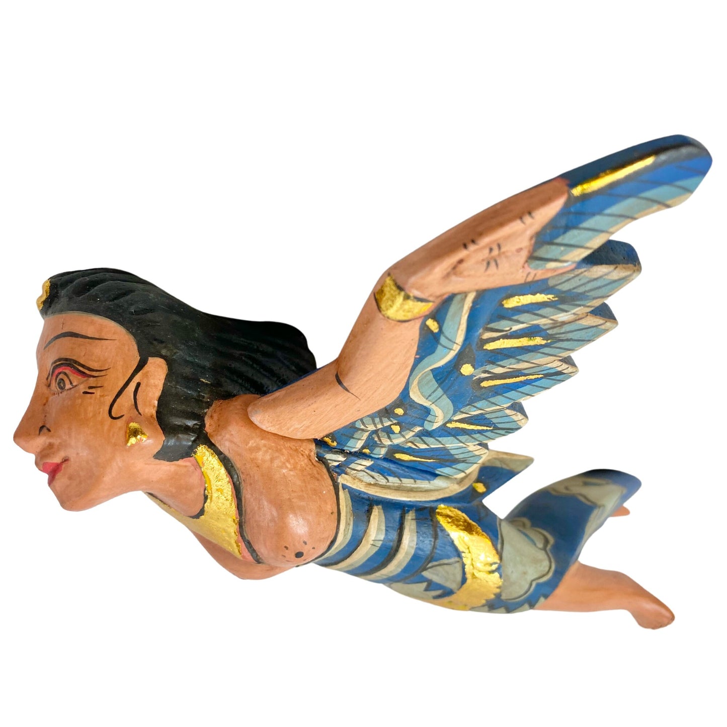 Flying Winged Dewi Sri Goddess Mobile Spirit chaser Crib Angel Balinese Folk Art Carved Wood Bali art teal 8&quot; - Acadia World Traders