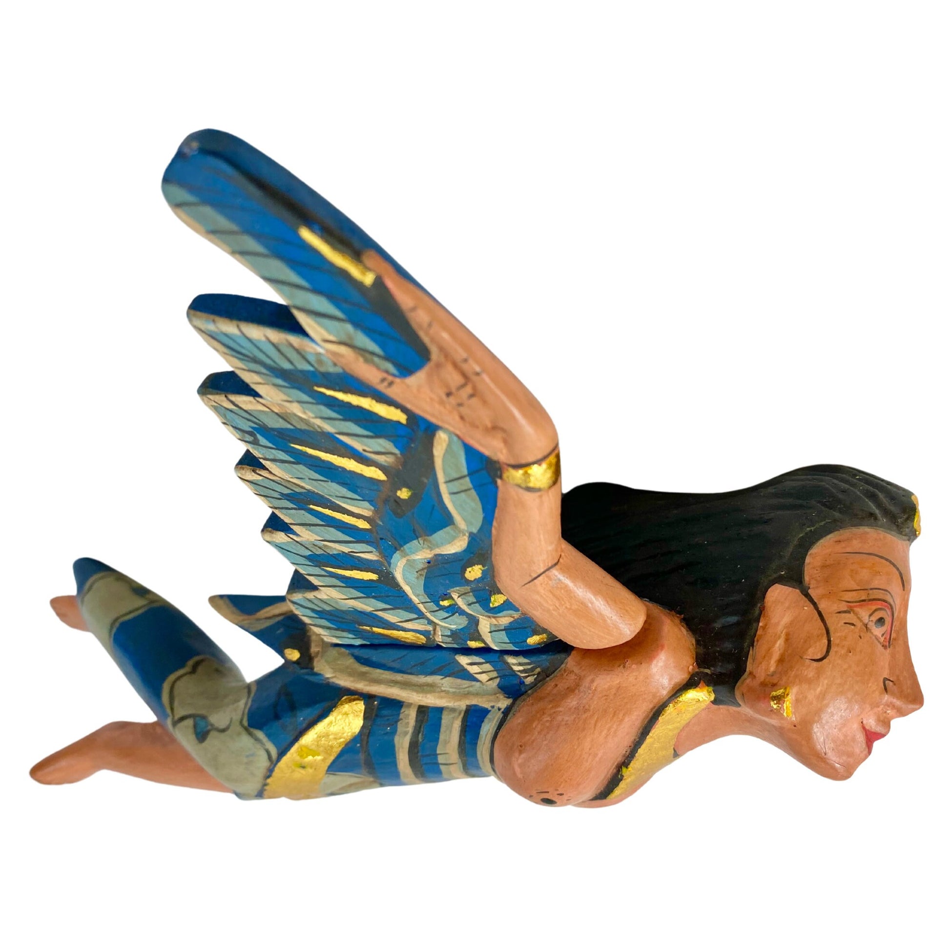 Flying Winged Dewi Sri Goddess Mobile Spirit chaser Crib Angel Balinese Folk Art Carved Wood Bali art teal 8&quot; - Acadia World Traders