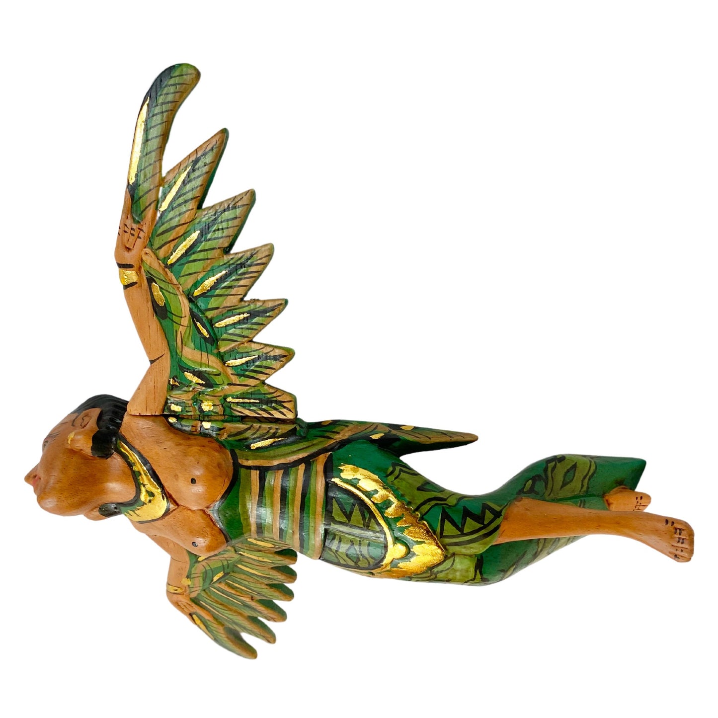Flying Winged Dewi Sri Goddess Mobile Spirit chaser Crib Guardian Carved Wood Balinese Folk art Green 8&quot;