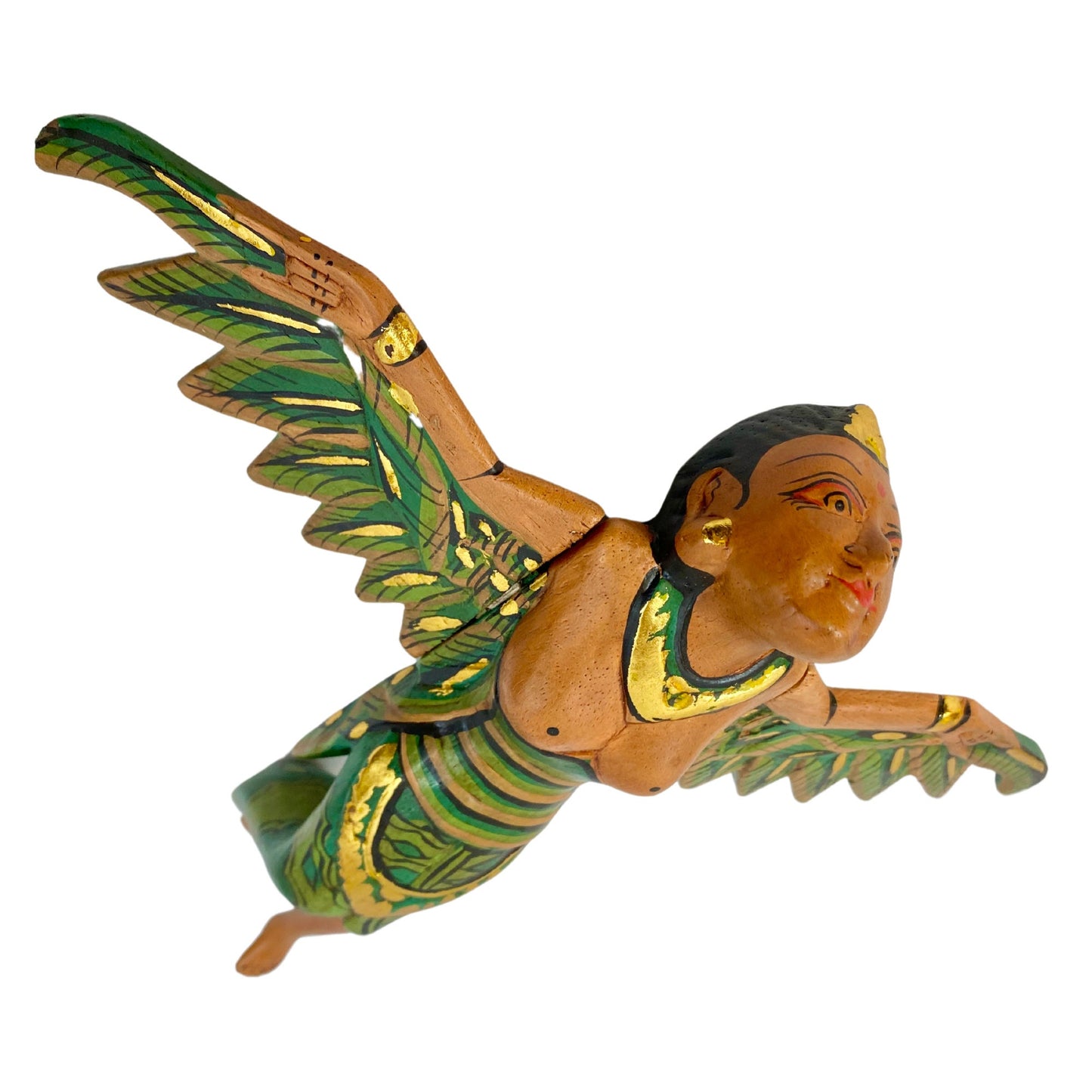 Flying Winged Dewi Sri Goddess Mobile Spirit chaser Crib Guardian Carved Wood Balinese Folk art Green 8&quot;