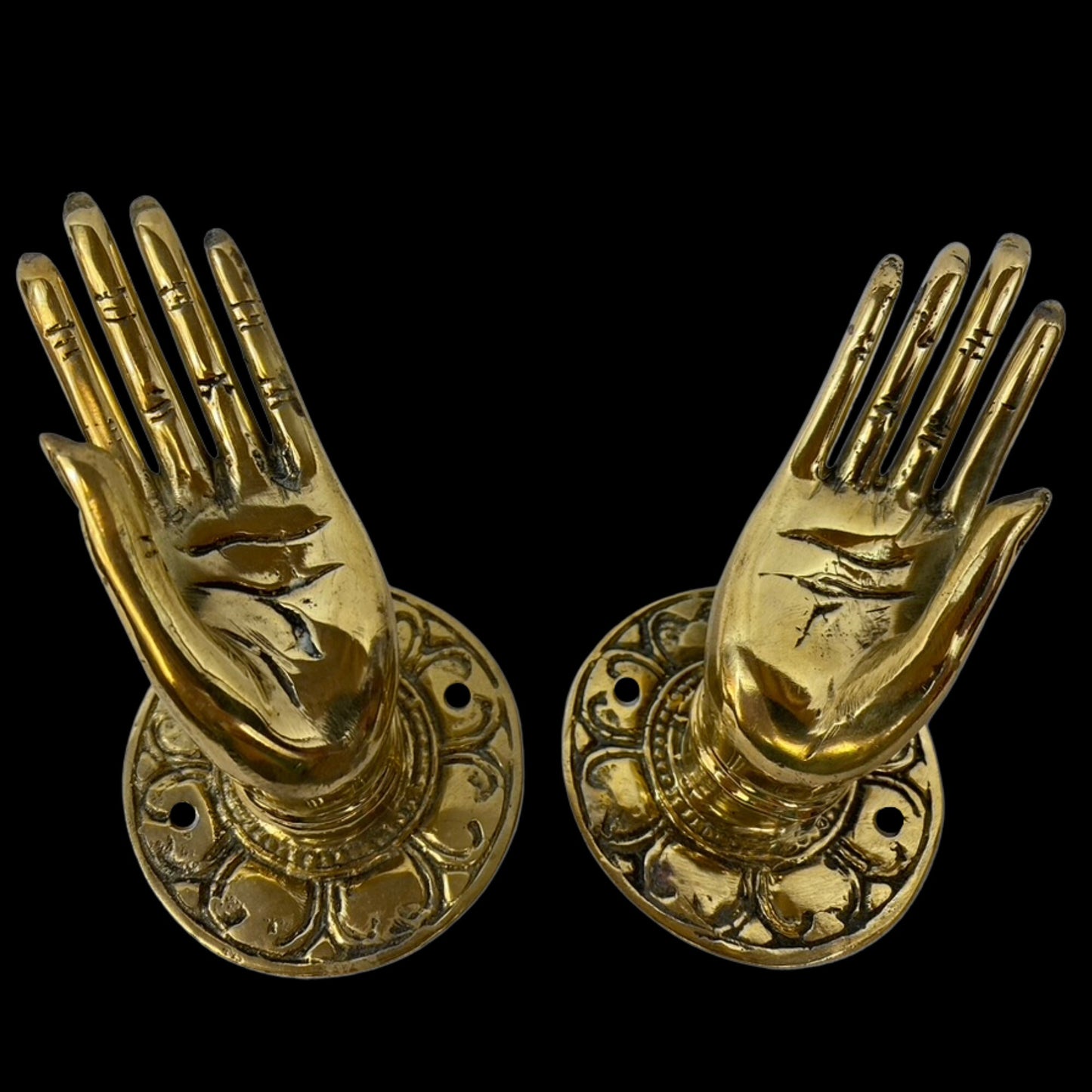 Buddha Mudra Hands Blessing Handle Door Pull Knob Cabinet Pull Wall Hook Handcrafted Bronze Metal Balinese Folk Art Boho Home decor Set of 2