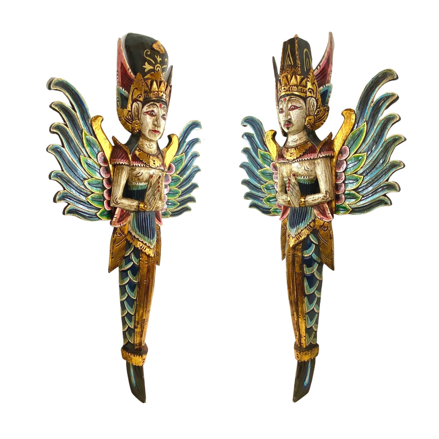 Winged Mermaid Wall Decor, Rama Sita God & Goddess Carved Wood Balinese Folk Art, Set 2
