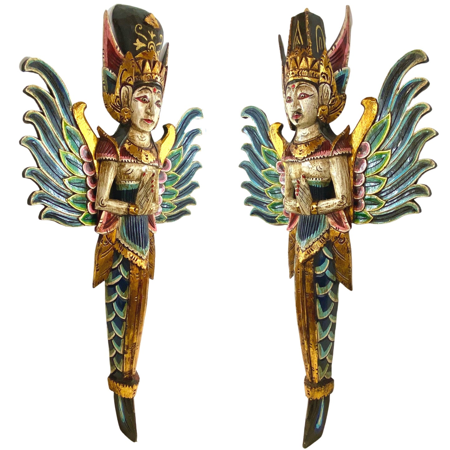 Winged Mermaid Wall Statue Rama Sita God & Goddess Hand Carved Painted Wood Balinese Folk Art art Teal Set 2