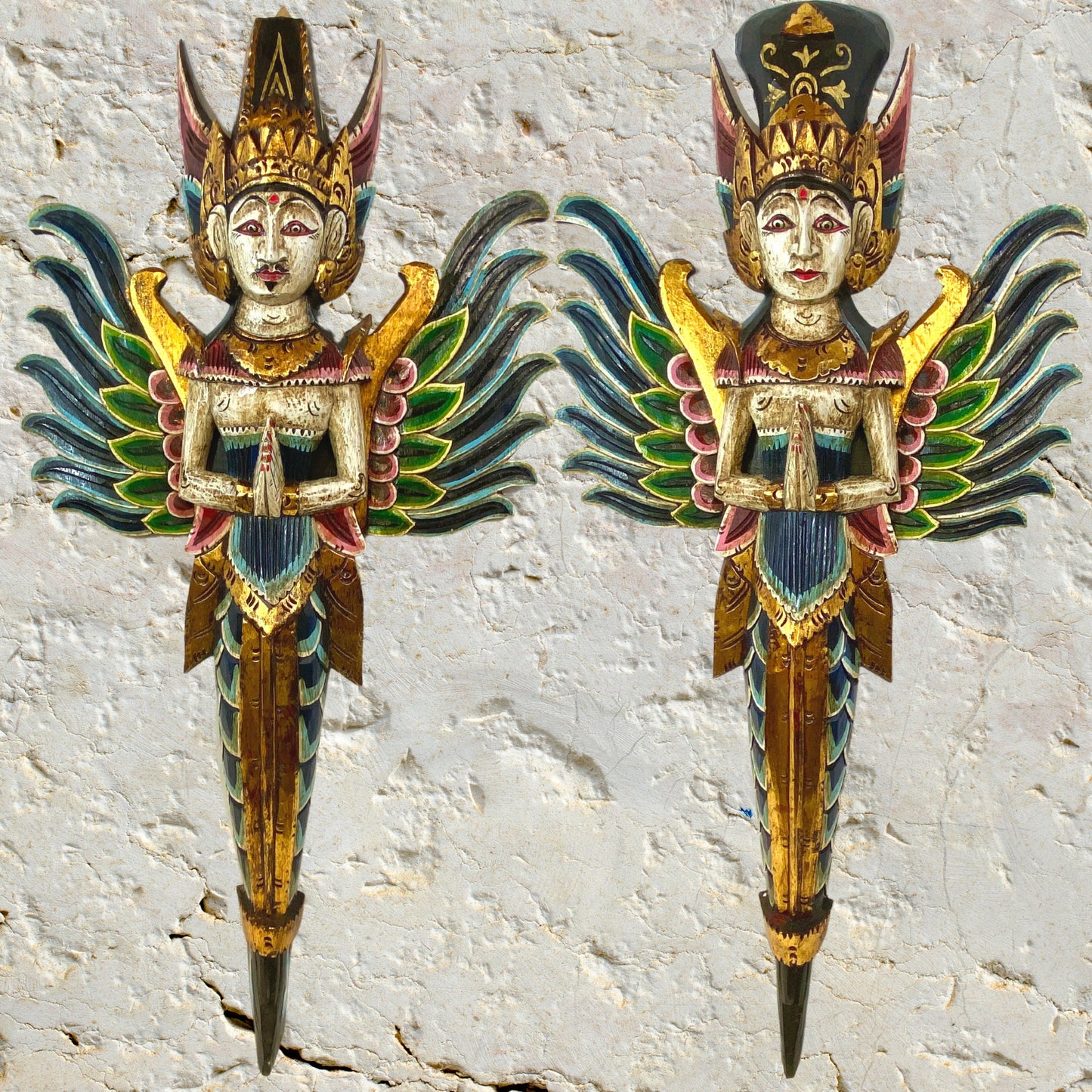 Winged Mermaid Wall Decor, Rama Sita God & Goddess Carved Wood Balinese Folk Art, Set 2