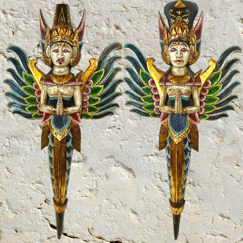 Winged Mermaid Wall Statue Rama Sita God & Goddess Hand Carved Painted Wood Balinese Folk Art art Teal Set 2