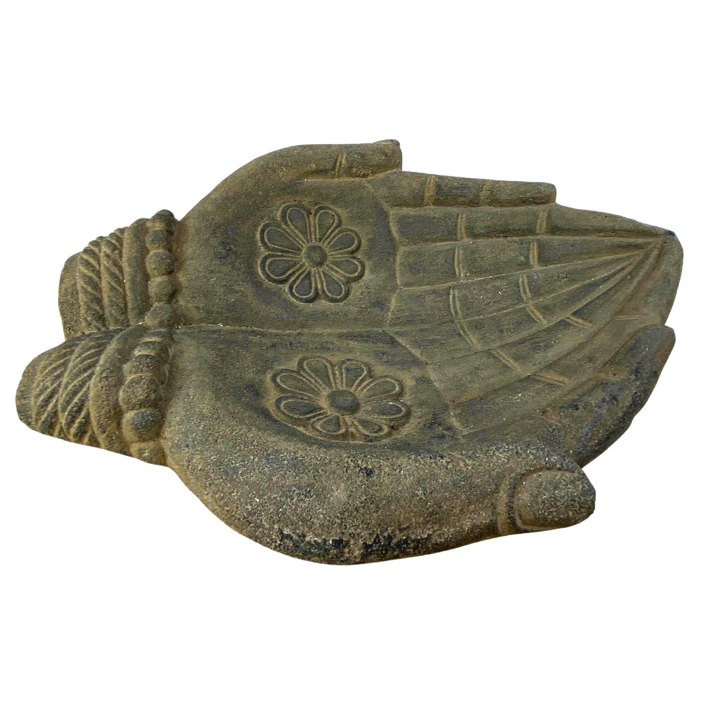 Buddha Blessing Mudra Hand Offering Bowl Statue Bird Bath Balinese cast Lava stone Boho Eclectic Garden art Handmade Hamsa Fatima hand