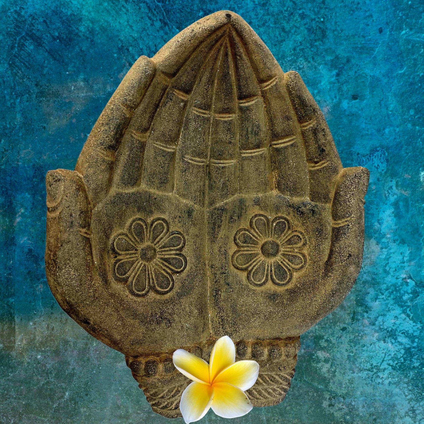 Buddha Blessing Mudra Hand Offering Bowl Statue Bird Bath Balinese cast Lava stone Boho Eclectic Garden art Handmade Hamsa Fatima hand