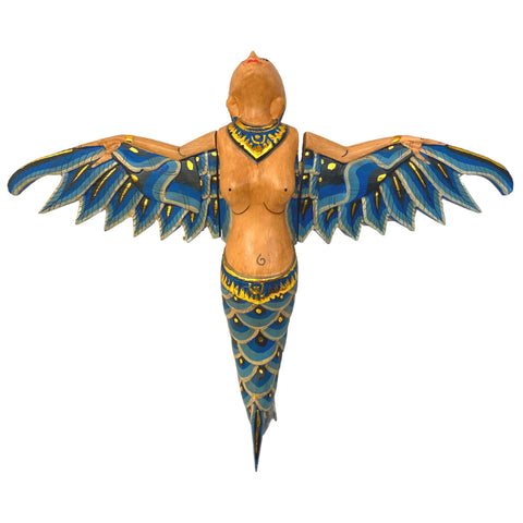 Flying Mermaid Mobile winged GODDESS Spiritchaser Demon Chaser Guardian Hand Carved Wood Ornament Balinese Folk Art Teal 12 inch