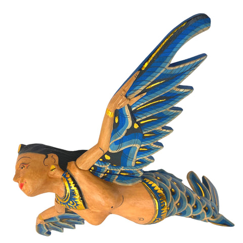 Flying Mermaid Mobile winged GODDESS Spiritchaser Demon Chaser Guardian Hand Carved Wood Ornament Balinese Folk Art Teal 12 inch