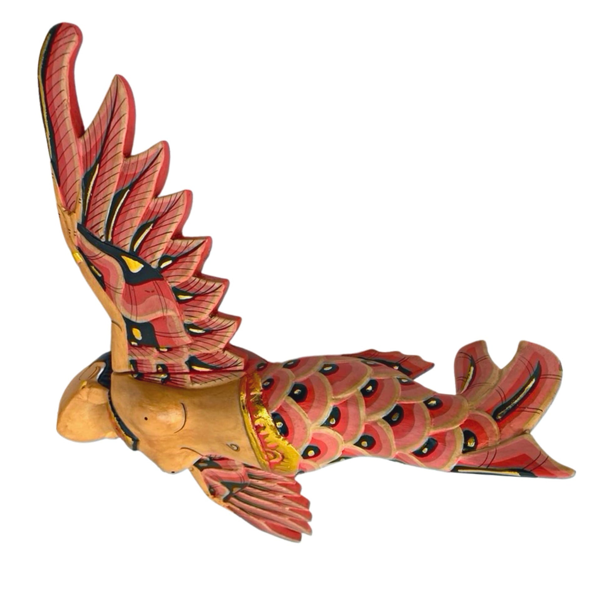Mermaid Goddess Flying Mobile Winged GODDESS Spirit chaser Demon Chaser Guardian Hand Carved Wood Figure  Balinese Folk Art Red 12&quot; - Acadia World Traders