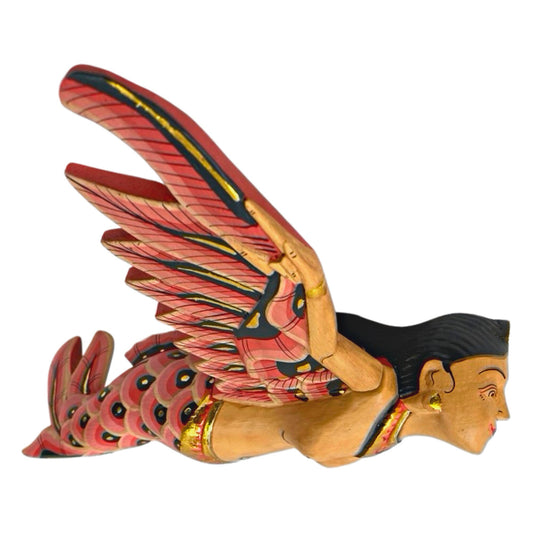 Mermaid Goddess Flying Mobile Winged GODDESS Spirit chaser Demon Chaser Guardian Hand Carved Wood Figure  Balinese Folk Art Red 12&quot; - Acadia World Traders