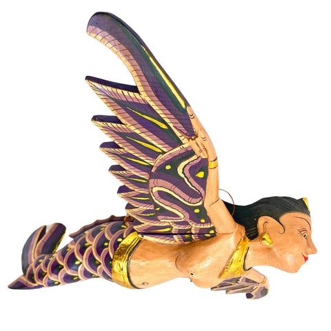 Bali Winged Mermaid Goddess Mobile,  Demon Chaser Cradle Guardian, Hand Carved Wood, Balinese Folk art Purple 16&quot;