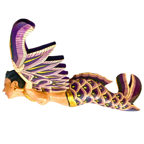 Bali Winged Mermaid Goddess Mobile,  Demon Chaser Cradle Guardian, Hand Carved Wood, Balinese Folk art Purple 16&quot;