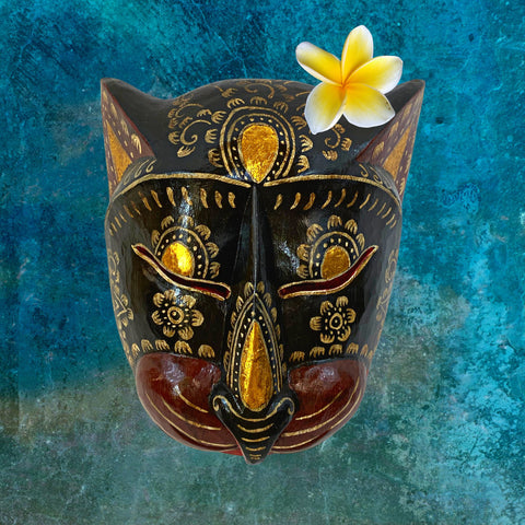 Balinese Black Cat Mask Kitty Tattoo Feline Drama Mask  Bali folk Art hand carved wooden wall decor Wood Carving cat lover gift