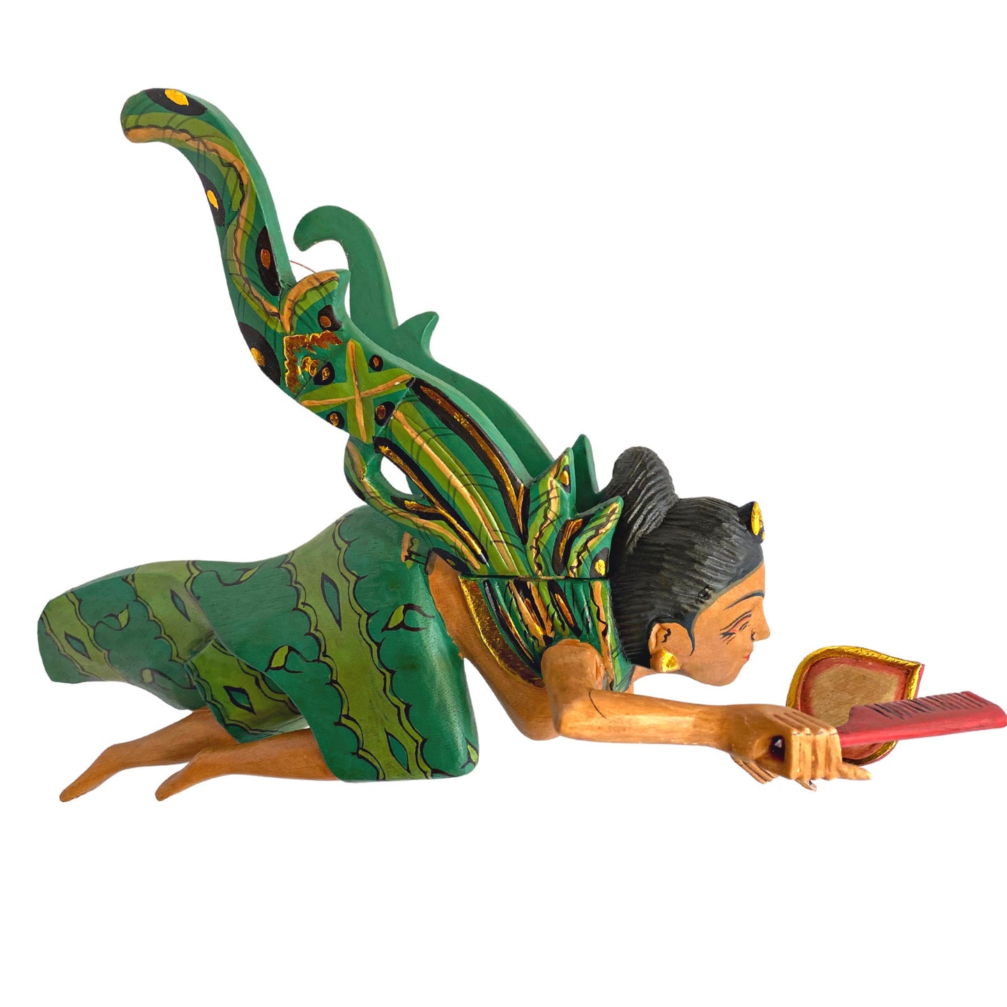 Flying Dewi Ratih Moon Lunar Goddess Mobile Crib Guardian Hand Carved Wood Bali Folk Art Green 16&quot; - Acadia World Traders
