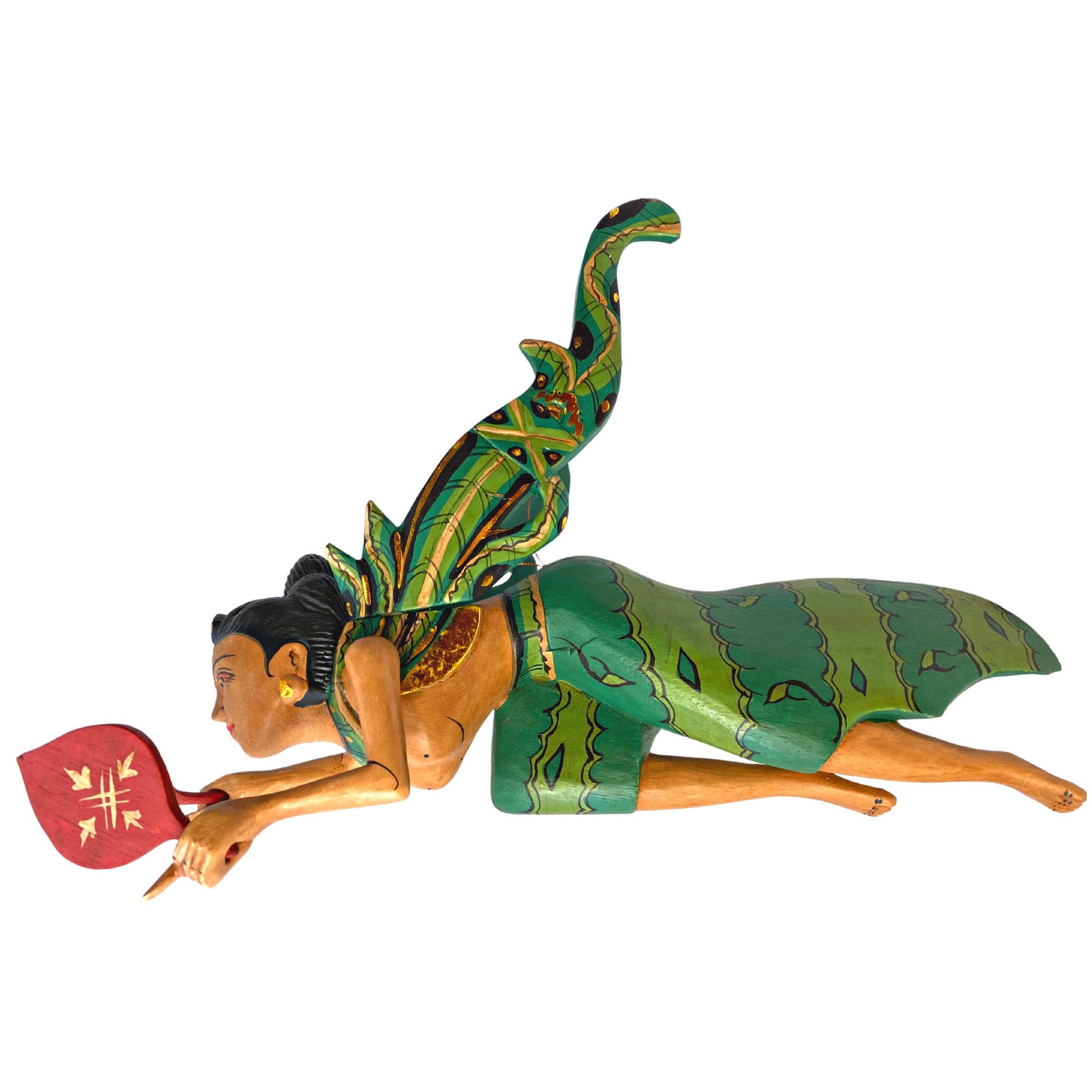 Flying Dewi Ratih Moon Lunar Goddess Mobile Crib Guardian Hand Carved Wood Bali Folk Art Green 16&quot; - Acadia World Traders