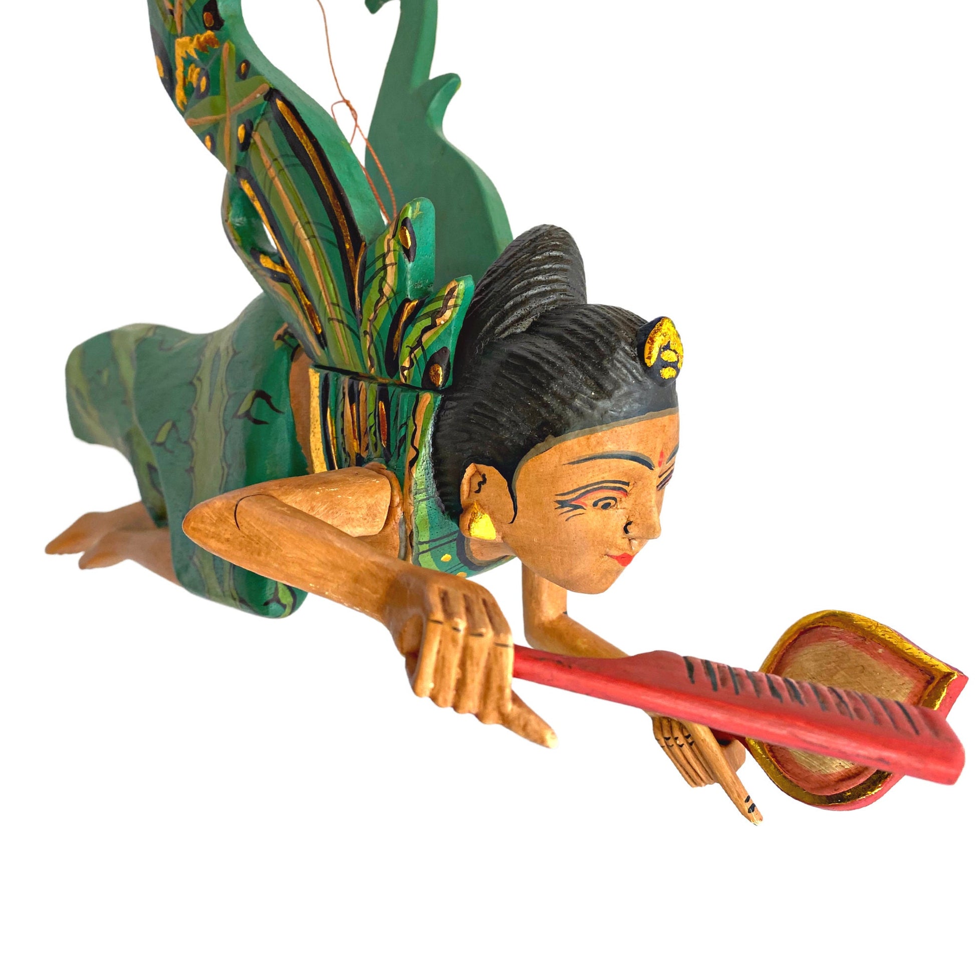 Flying Dewi Ratih Moon Lunar Goddess Mobile Crib Guardian Hand Carved Wood Bali Folk Art Green 16&quot; - Acadia World Traders