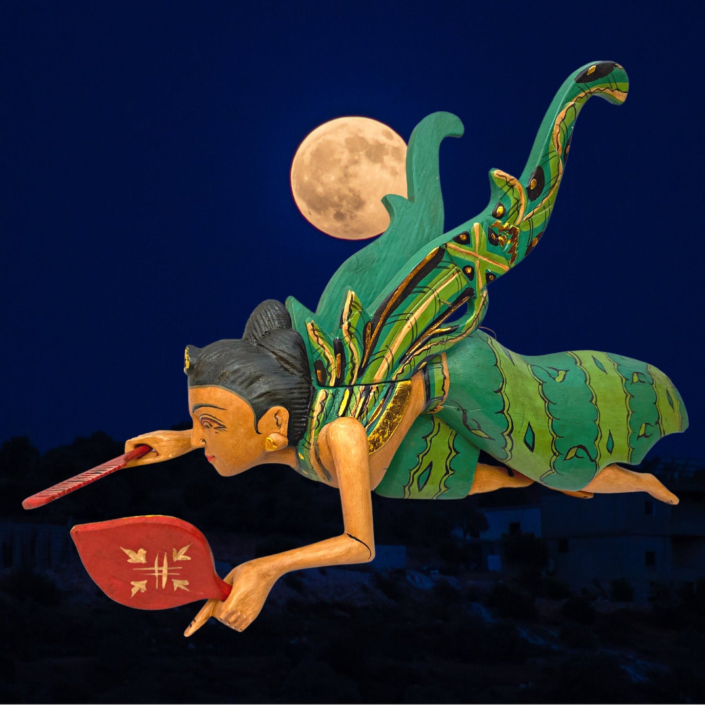 Flying Dewi Ratih Moon Lunar Goddess Mobile Crib Guardian Hand Carved Wood Bali Folk Art Green 16&quot; - Acadia World Traders
