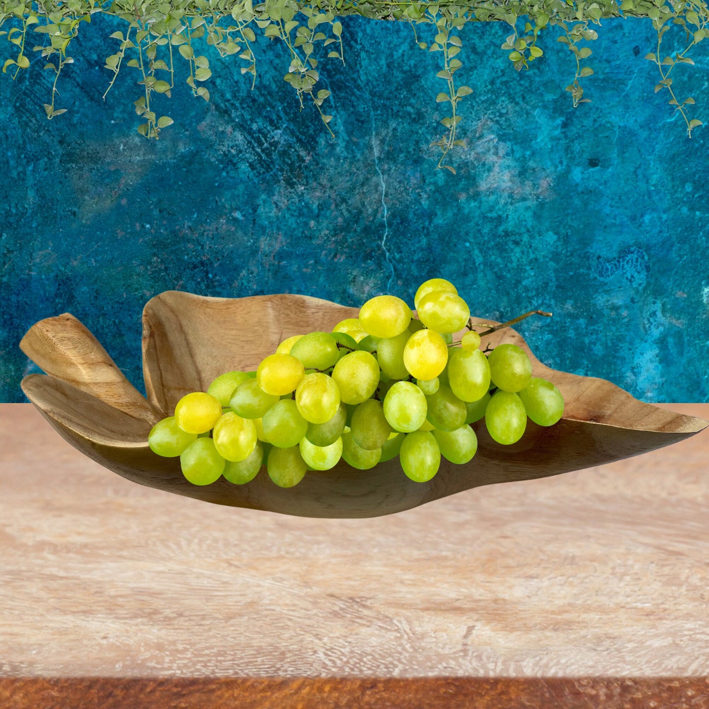 Hand Carved Wood Taro Leaf Bowl: Tropical Boho Decor, Tabletop Centerpiece