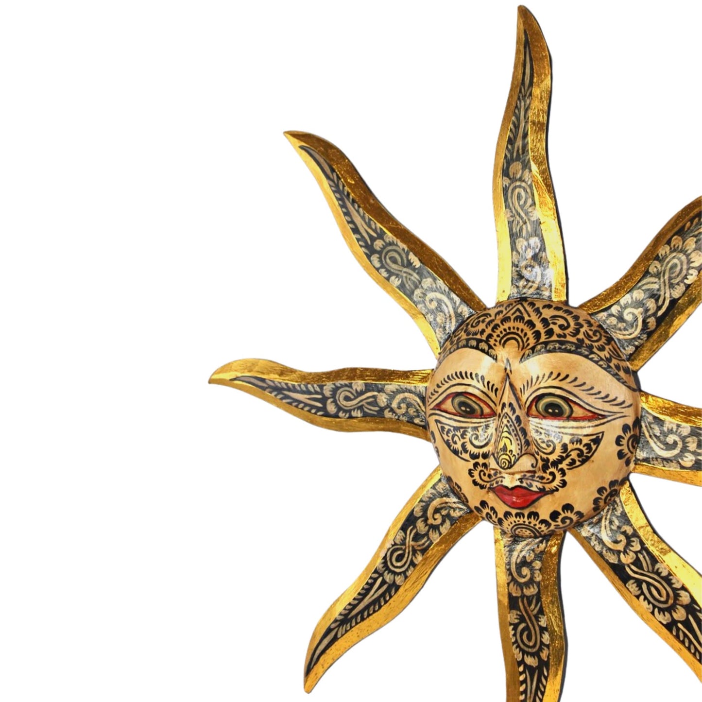 Hand Carved Folk Art Sun Wall Decor, Balinese Wood Carving, Sunburst Celestial Art