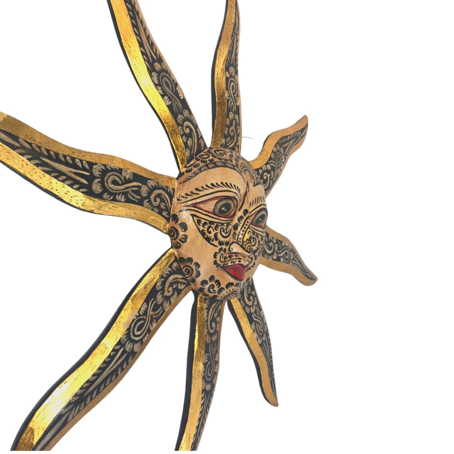 Hand Carved Folk Art Sun Wall Decor, Balinese Wood Carving, Sunburst Celestial Art