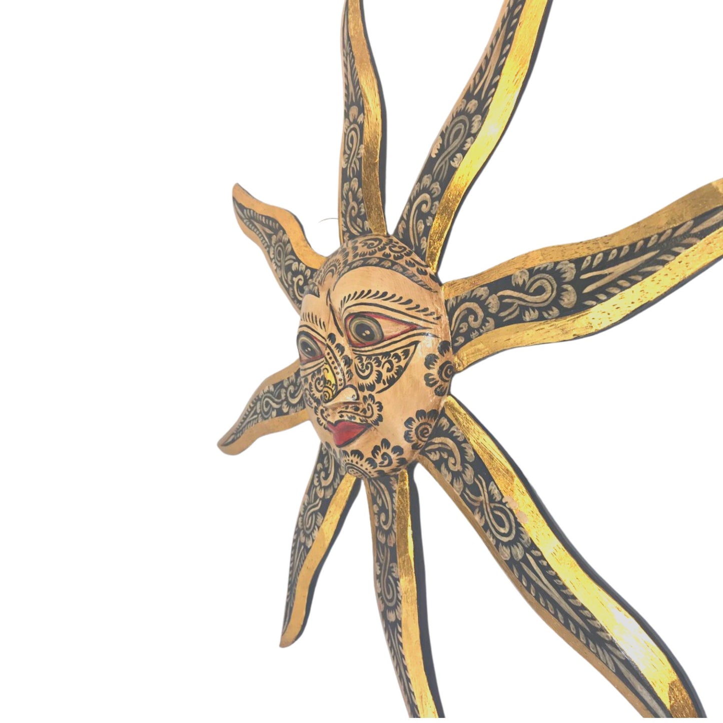 Hand Carved Folk Art Sun Wall Decor, Balinese Wood Carving, Sunburst Celestial Art