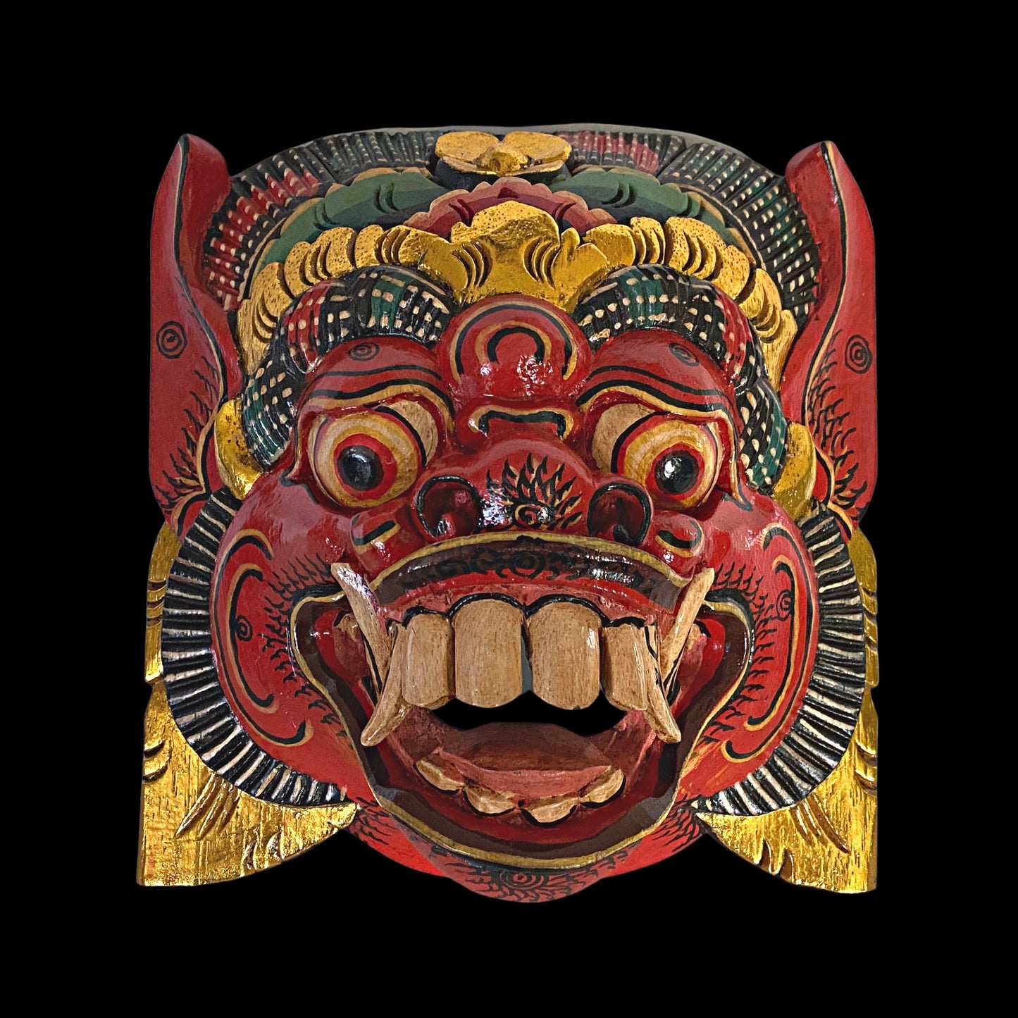 Balinese Barong Bhoma Demon Mask: Hand-Carved Wood Guardian, Bali Folk Art Carving Wall Decor
