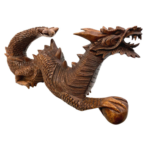 Asian Dragon Naga with Wishing Pearl Statue hand carved  Suar wood Sculpture Indonesian Balinese Art Prosperity Abundance