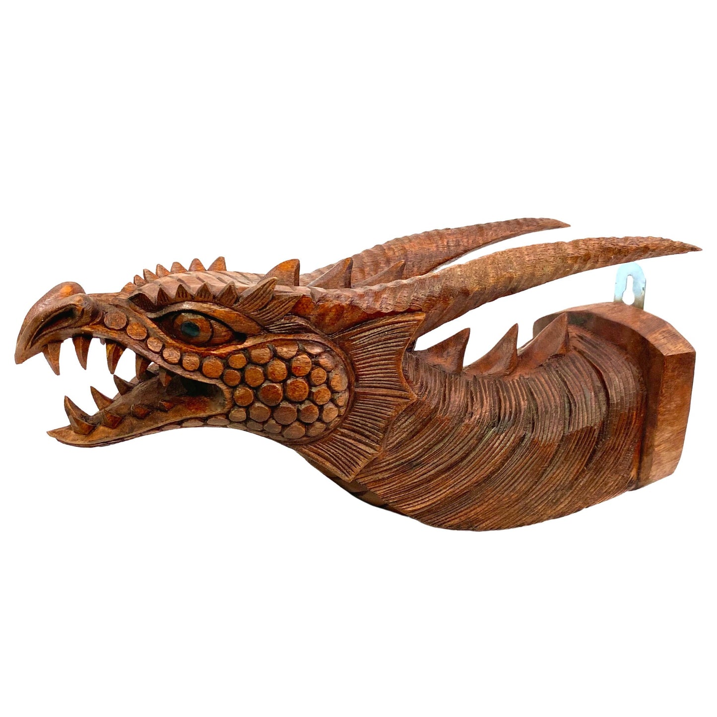 Hand Carved Gothic Horned Dragon Head Wall Mount: Balinese Wood Wall Art Sculpture