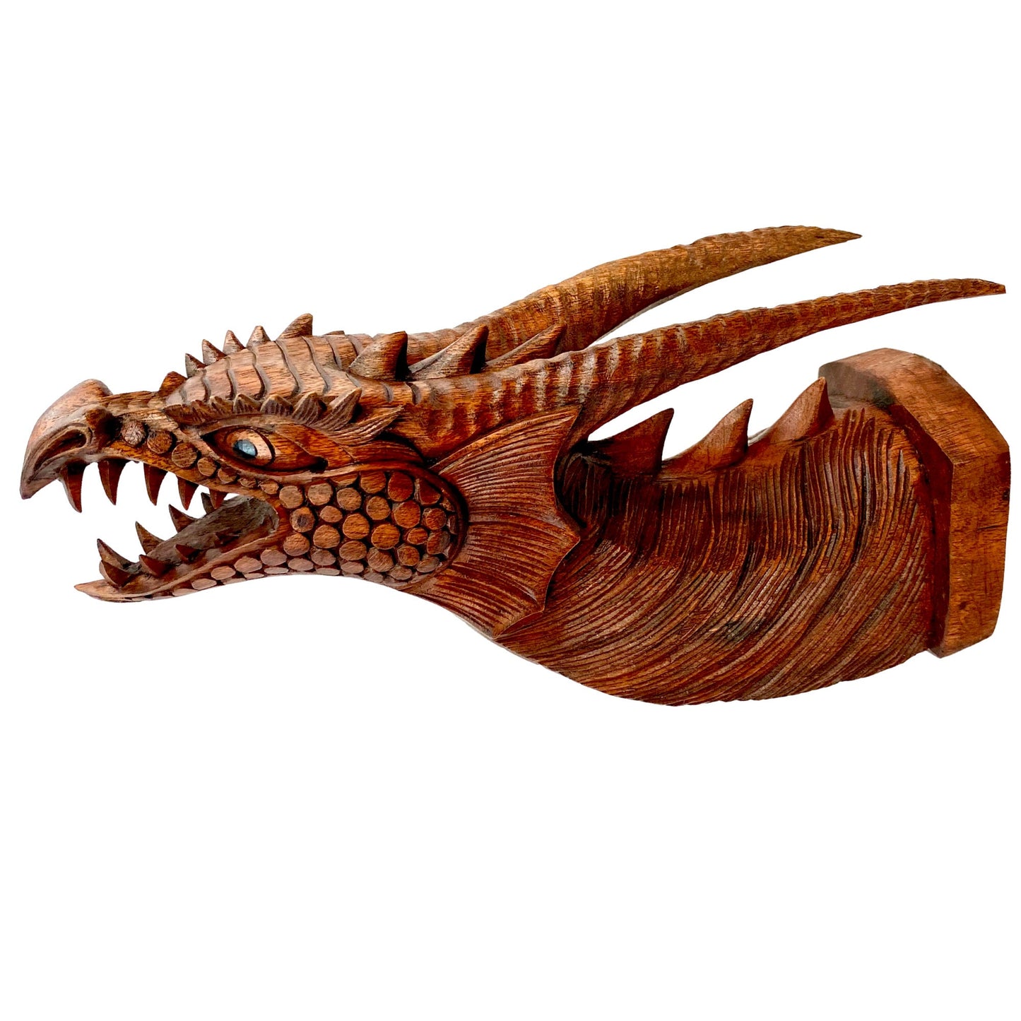 Hand Carved Gothic Horned Dragon Head Wall Mount: Balinese Wood Wall Art Sculpture