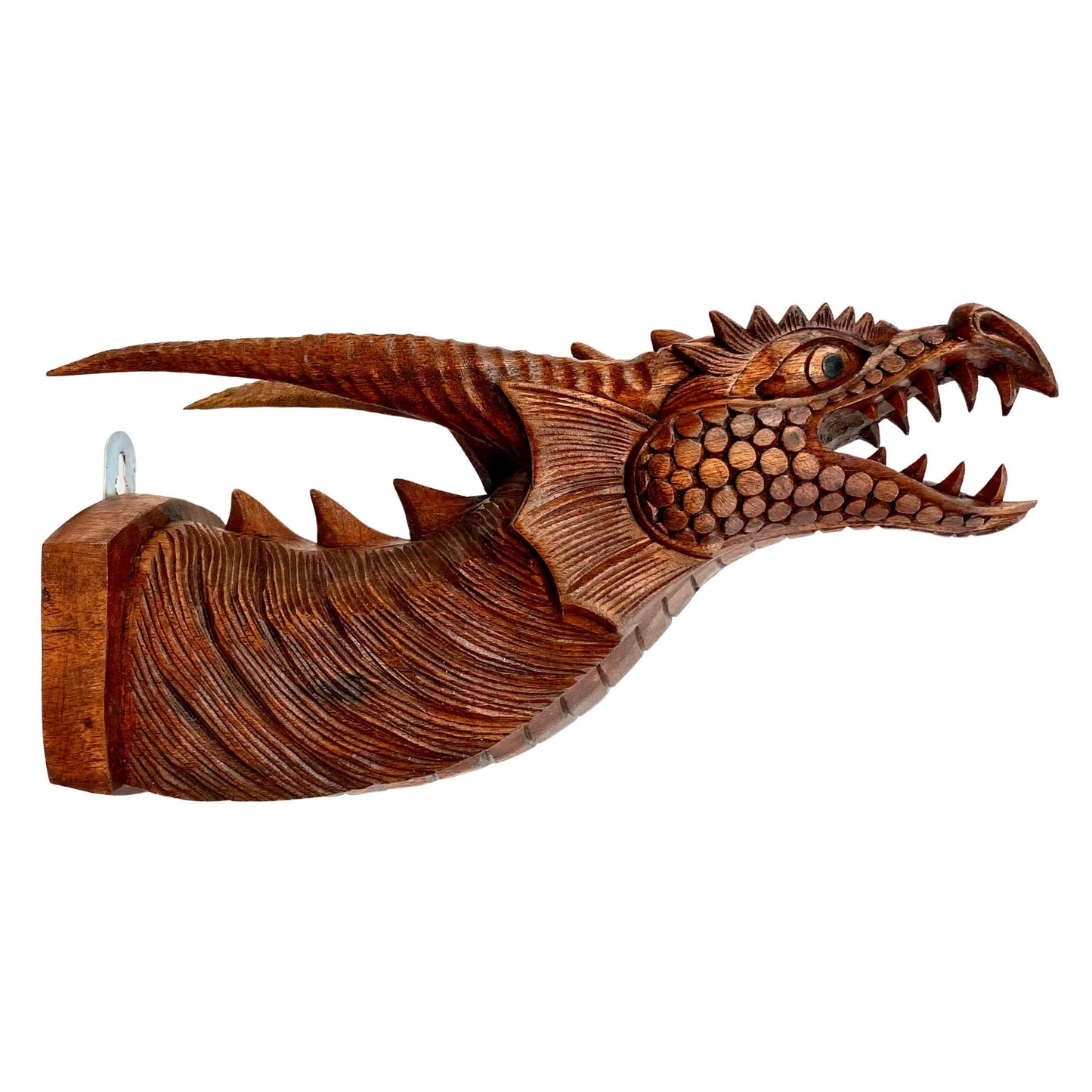 Hand Carved Gothic Horned Dragon Head Wall Mount: Balinese Wood Wall Art Sculpture