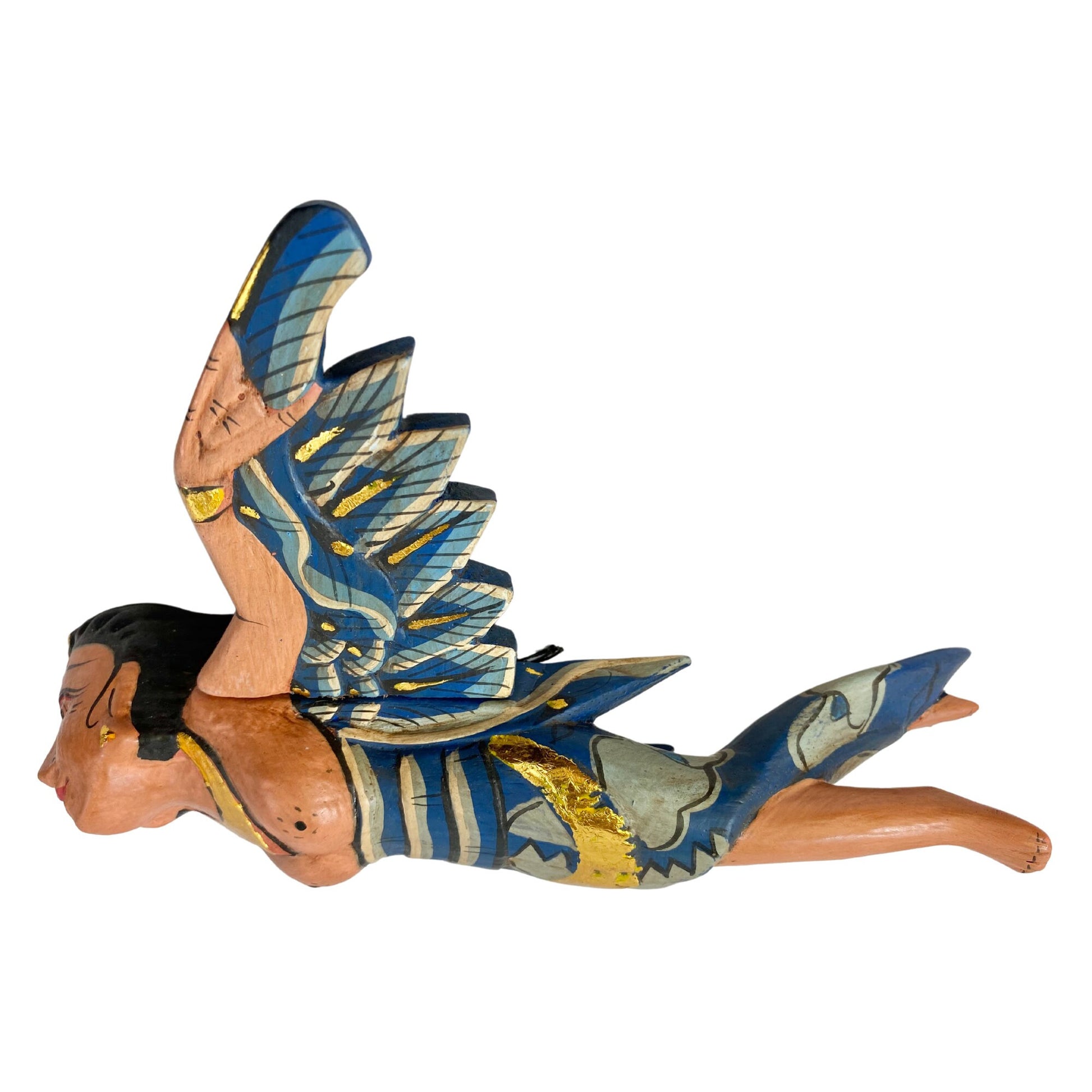 Flying Winged Dewi Sri Goddess Mobile Spirit chaser Crib Angel Balinese Folk Art Carved Wood Bali art teal 8&quot; - Acadia World Traders