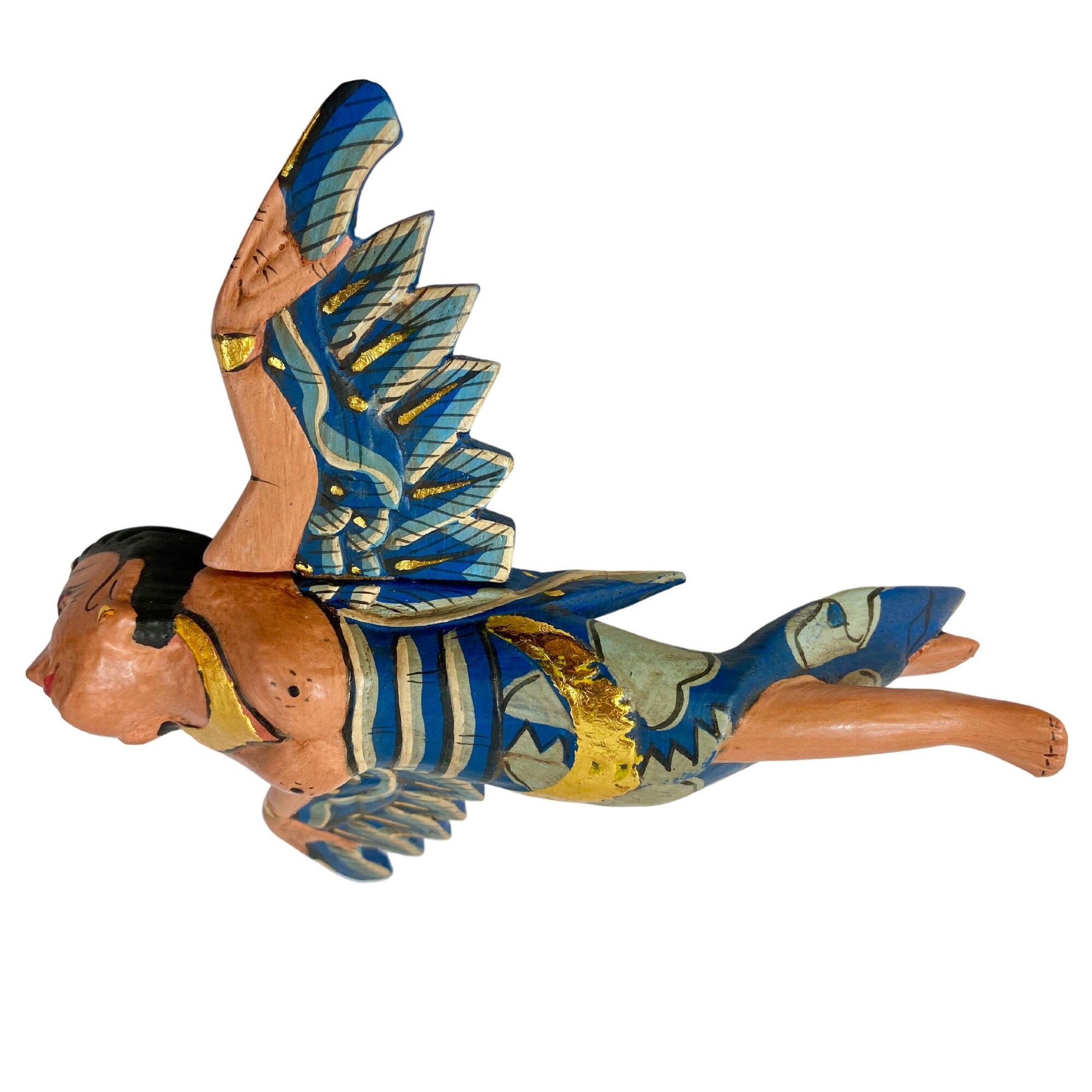 Flying Winged Dewi Sri Goddess Mobile Spirit chaser Crib Angel Balinese Folk Art Carved Wood Bali art teal 8&quot; - Acadia World Traders