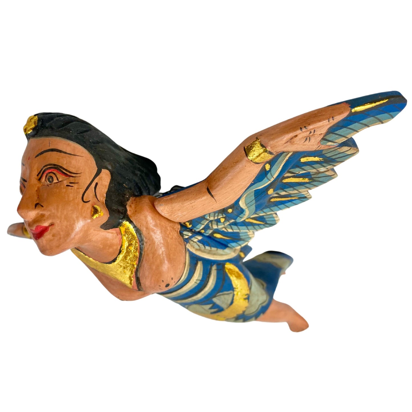 Flying Winged Dewi Sri Goddess Mobile Spirit chaser Crib Angel Balinese Folk Art Carved Wood Bali art teal 8&quot; - Acadia World Traders
