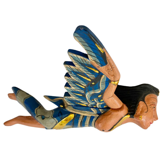 Flying Winged Dewi Sri Goddess Mobile Spirit chaser Crib Angel Balinese Folk Art Carved Wood Bali art teal 8&quot; - Acadia World Traders