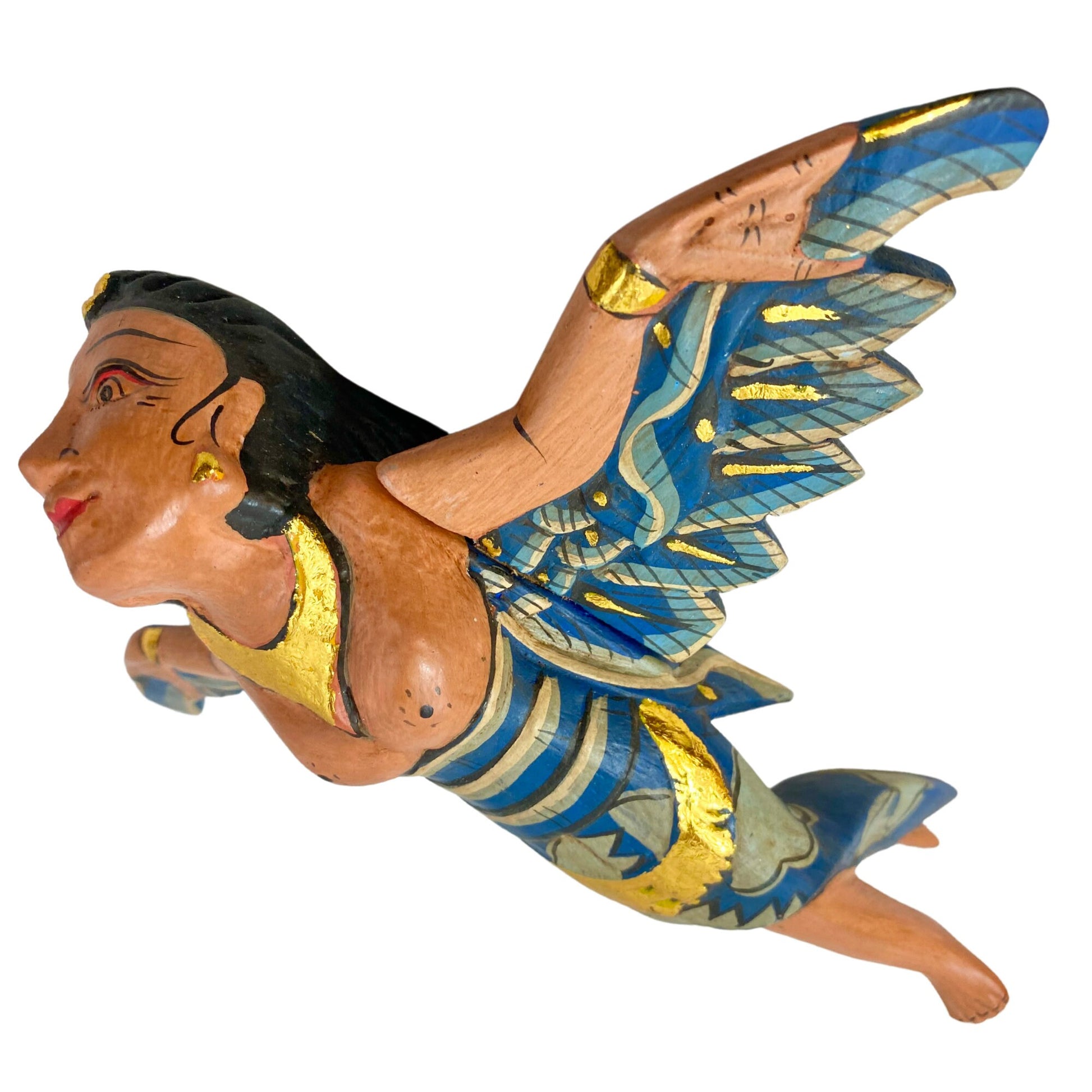 Flying Winged Dewi Sri Goddess Mobile Spirit chaser Crib Angel Balinese Folk Art Carved Wood Bali art teal 8&quot; - Acadia World Traders