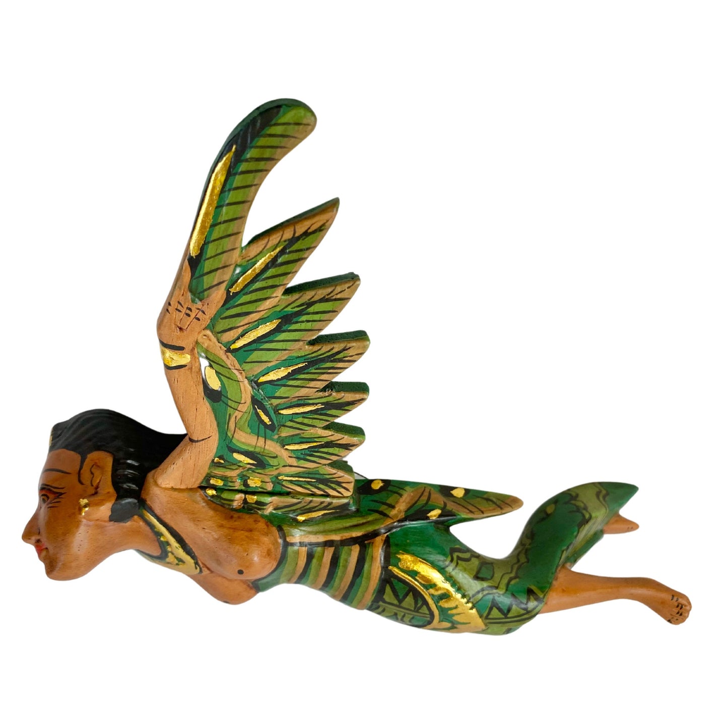 Flying Winged Dewi Sri Goddess Mobile Spirit chaser Crib Guardian Carved Wood Balinese Folk art Green 8&quot;