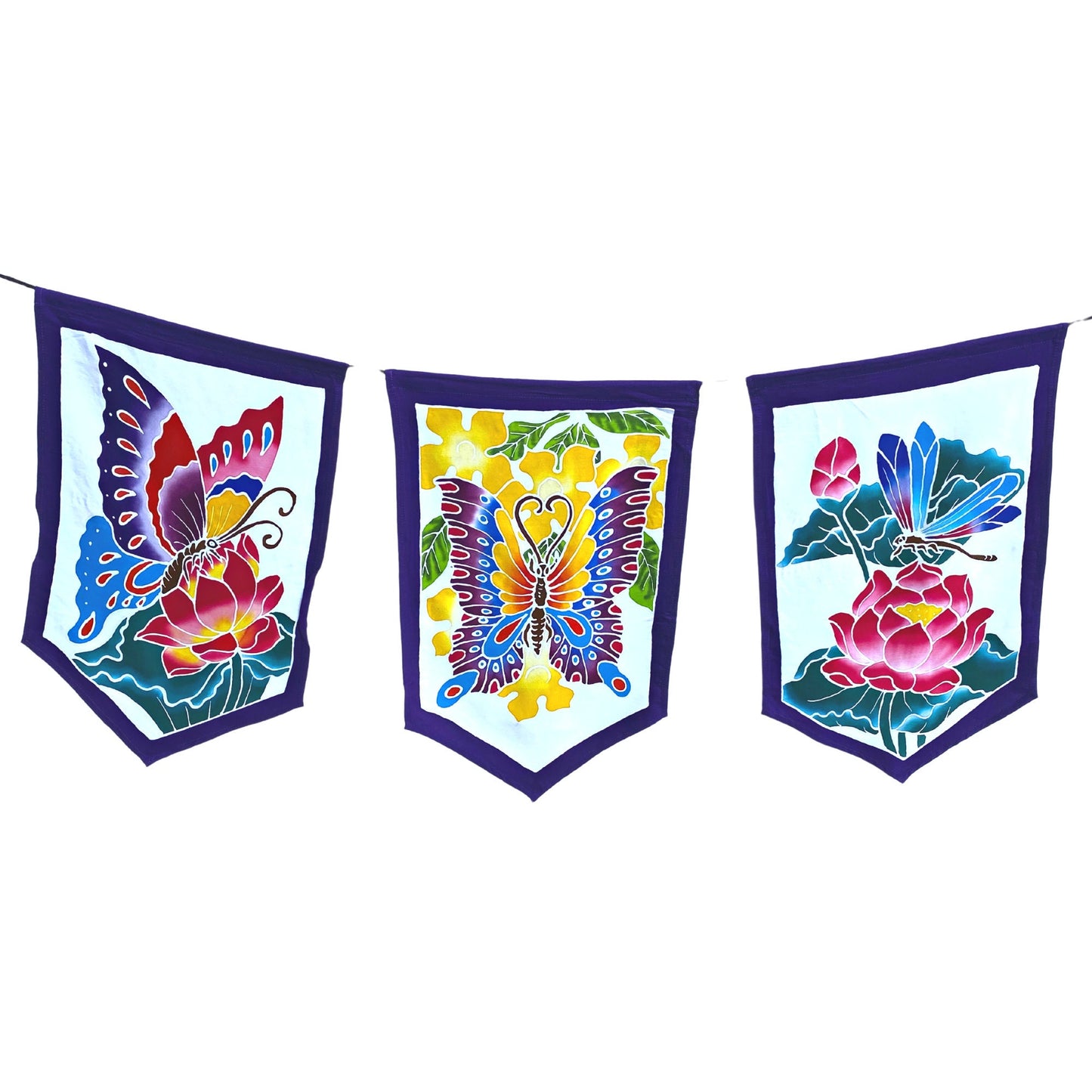 Balinese Batik Prayer Flag: Butterfly, Dragonfly & Floral Wall Hanging, Garden Art