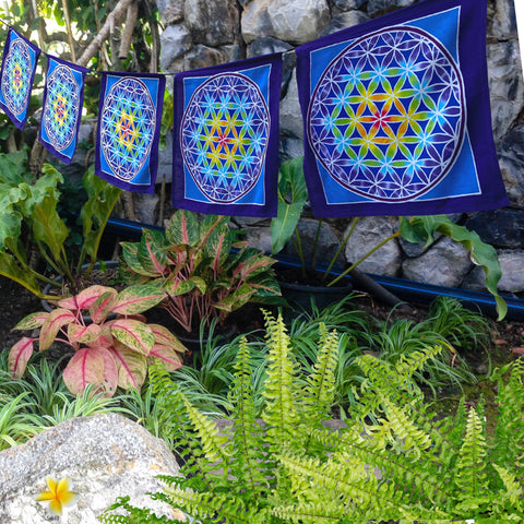 Prayer Flag Flower of life Mandala Sacred Geometry Wall hanging Balinese Hand Painted Batik Art Boho Decor