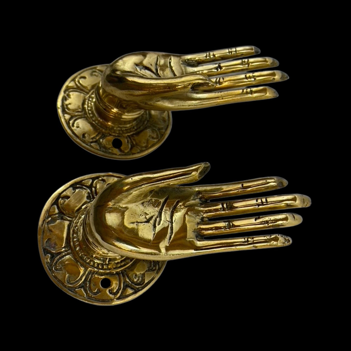 Buddha Mudra Hands Blessing Handle Door Pull Knob Cabinet Pull Wall Hook Handcrafted Bronze Metal Balinese Folk Art Boho Home decor Set of 2