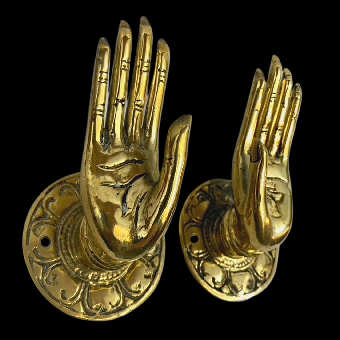Buddha Mudra Hands Blessing Handle Door Pull Knob Cabinet Pull Wall Hook Handcrafted Bronze Metal Balinese Folk Art Boho Home decor Set of 2