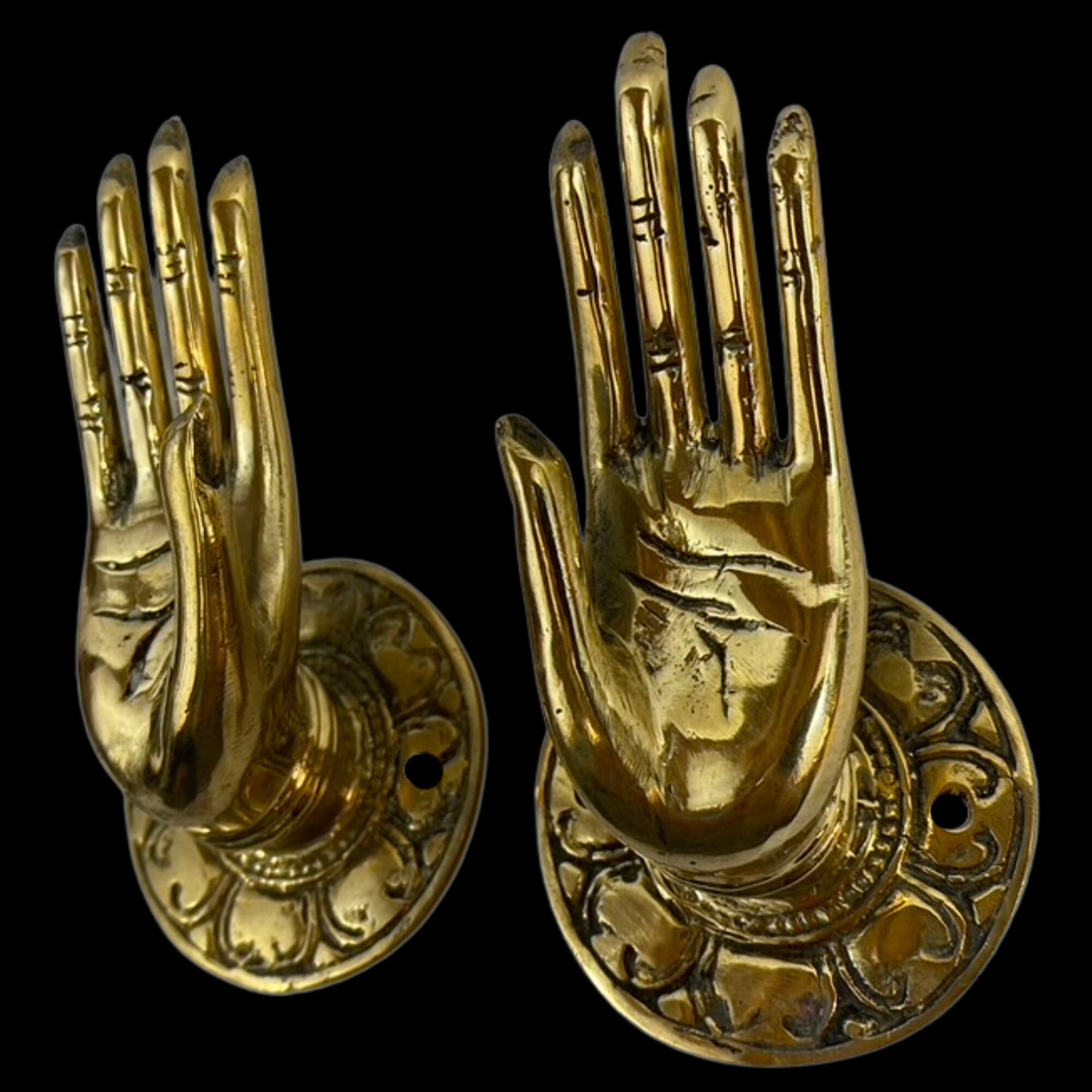 Buddha Mudra Hands Blessing Handle Door Pull Knob Cabinet Pull Wall Hook Handcrafted Bronze Metal Balinese Folk Art Boho Home decor Set of 2