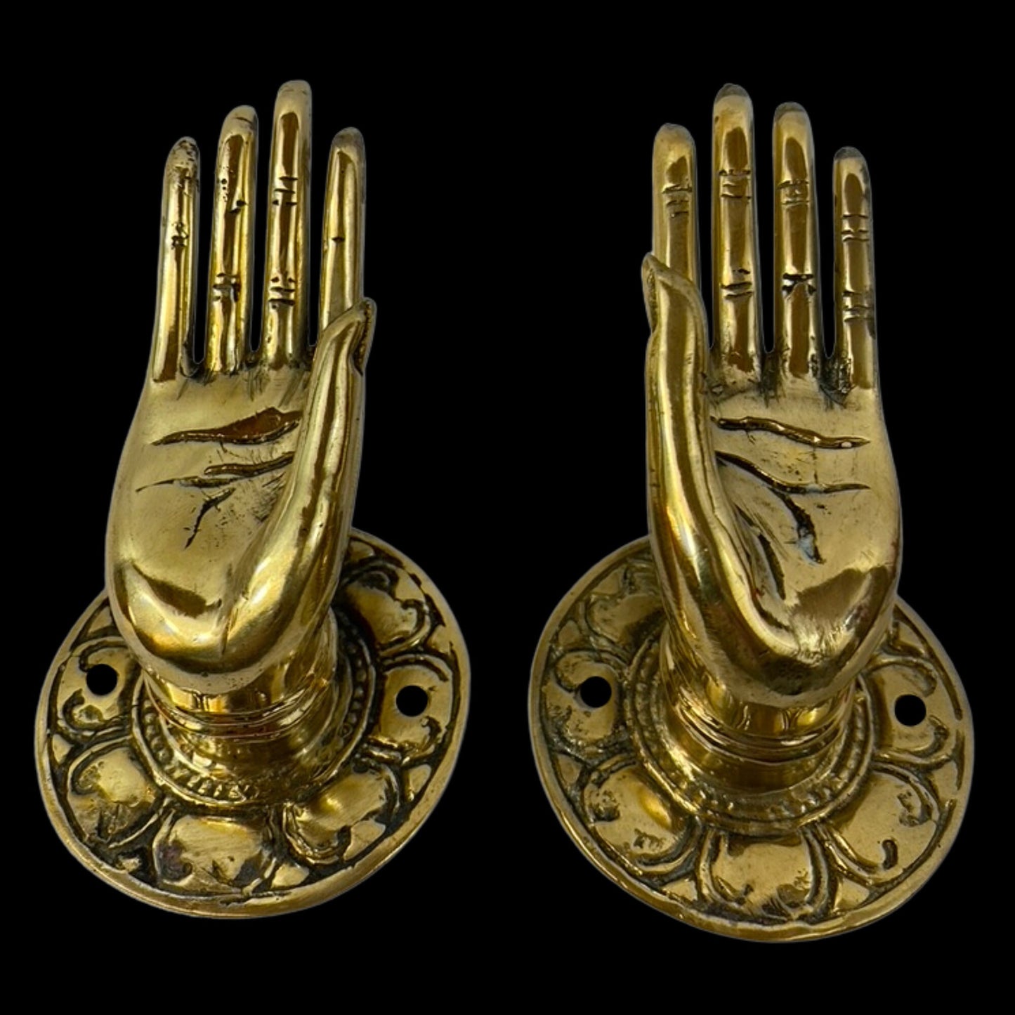 Buddha Mudra Hands Blessing Handle Door Pull Knob Cabinet Pull Wall Hook Handcrafted Bronze Metal Balinese Folk Art Boho Home decor Set of 2